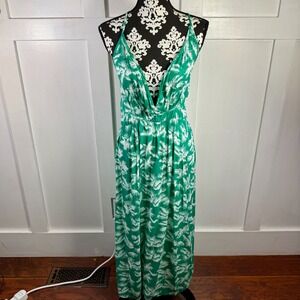 Island Beach Green White Palm Leaf Print Maxi Dress Halter Neck Flowy Size L
